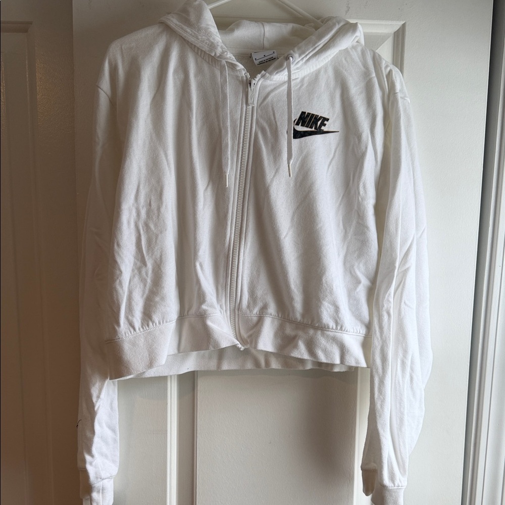 Nike White Crop Zip Hooded Jacket with Black Logo